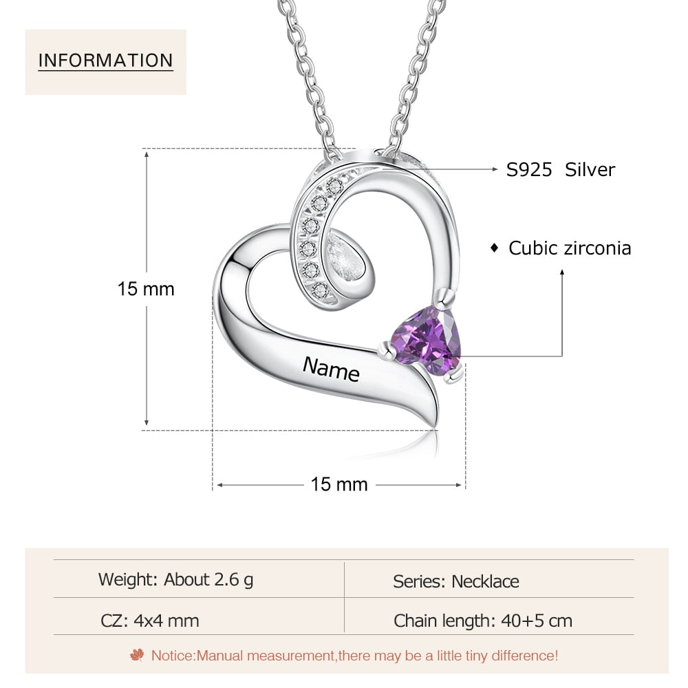 Personalized Birthstone Custom Engrave Name Necklace Heart Pendants