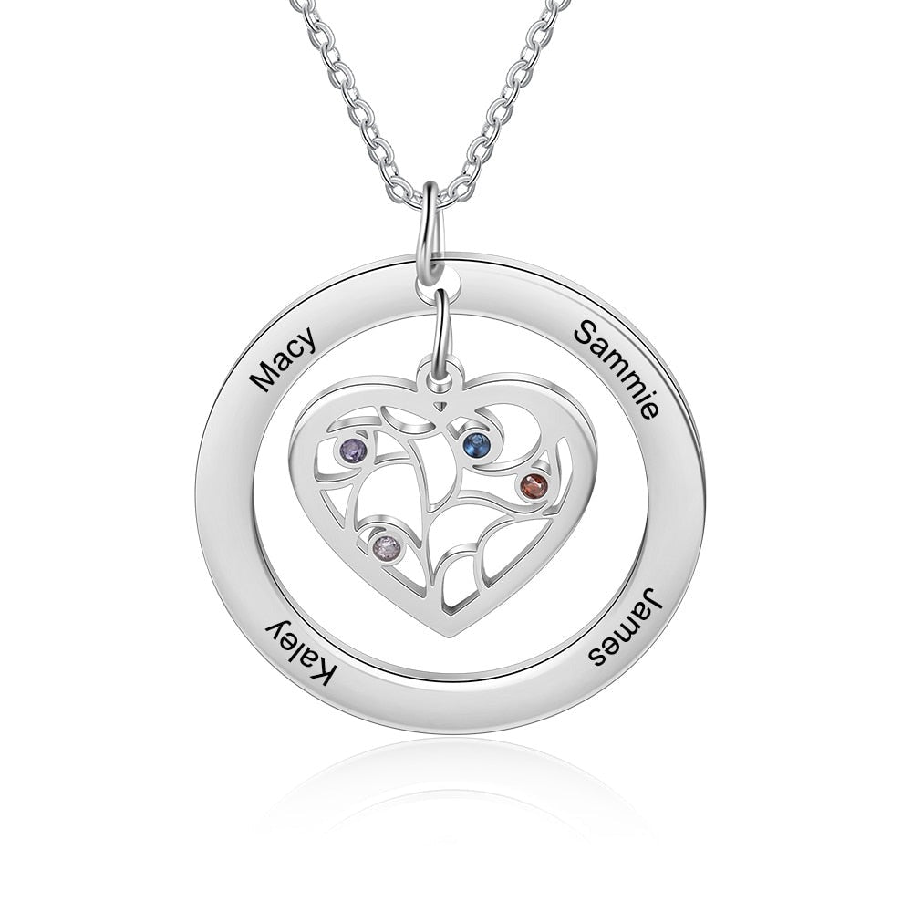 Tree of Life Name Necklace with Birthstone Name Engraved Pendant Family