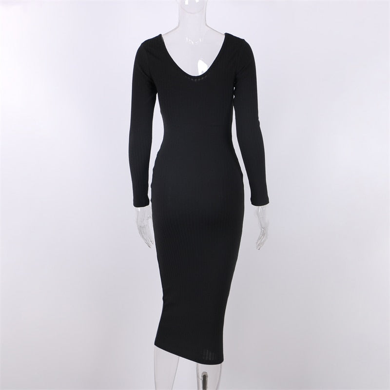 Sexy Bodycon Midi Woman Dress Knitted Long Sleeve V Neck Party Elegant Robe Women's Dresses