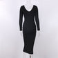 Sexy Bodycon Midi Woman Dress Knitted Long Sleeve V Neck Party Elegant Robe Women's Dresses