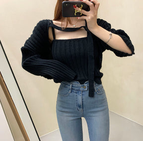 Camisole Knitted Cardigans Women Two Piece Sets 2021 Autumn Sweater Jacket Woman