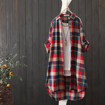 100% Cotton Plaid Shirt Long Sleeve Button Up Casua Loose Blouse Plus Size