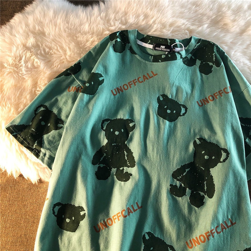 Summer Full Print Cartoon Bear Kawaii Short-Sleeved  T-Shirt Loose Harajuku Casual