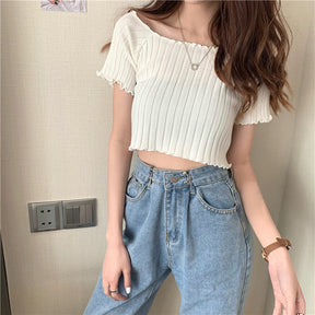 Women Off Shoulder T-shirts Knitted Ruffles Hem Crop Tops Short Sleeve T-shirts