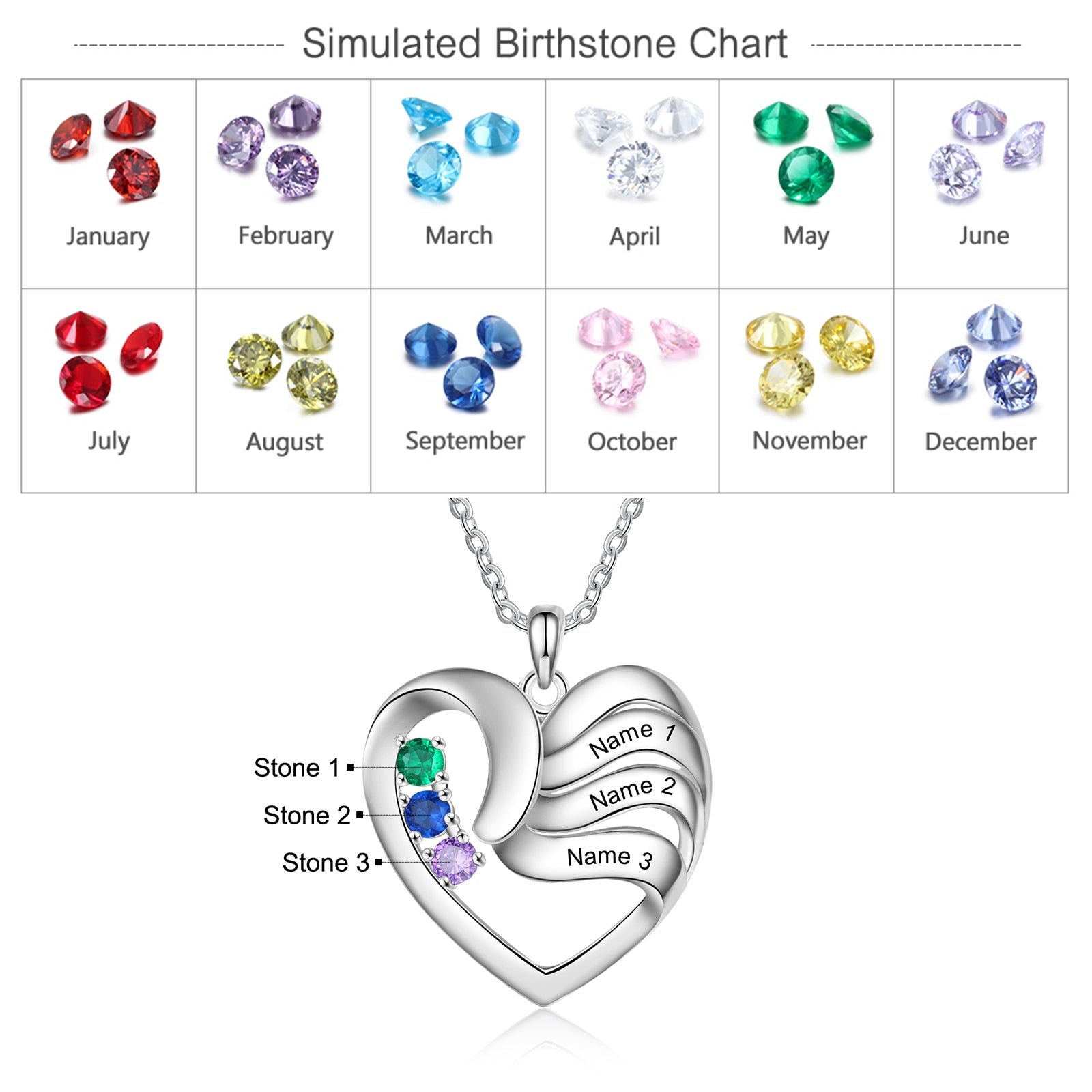 2-5 Names Customized Birthstone Fashion Memorial Heart Necklace