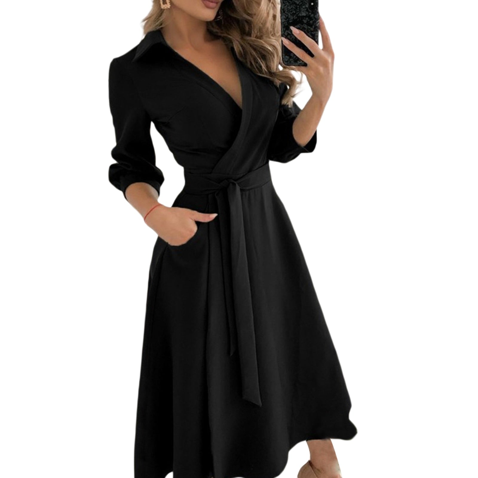 Spring Summer Lady Cover Up Women's Shirt Dress Wave Print Long Sleeve V-Neck Casual Dress Plus Size