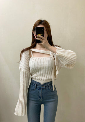 Camisole Knitted Cardigans Women Two Piece Sets 2021 Autumn Sweater Jacket Woman