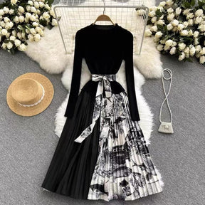 Knitted Patchwork Gradient Print Pleated Dress Long Sleeve Office One-Piece Sweater Dress With Belt