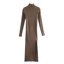 Long Sleeves High-Neck Elastic Midi Dress Lady Knit Sweater Dresses