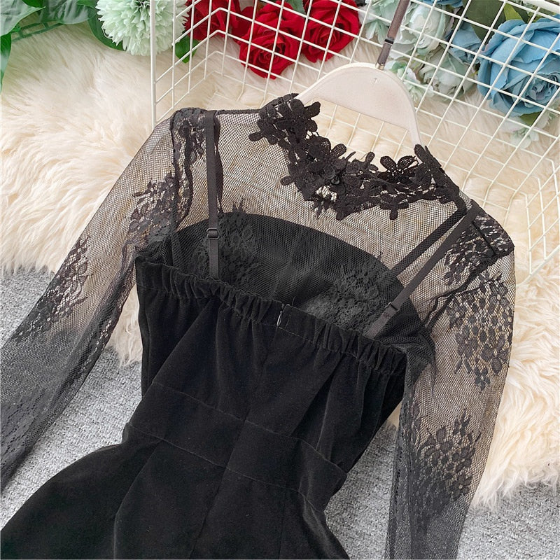 Long Sleeve Lace Embroidery Shirt Women Double Breasted Playsuits Slim Velvet Jumpsuits