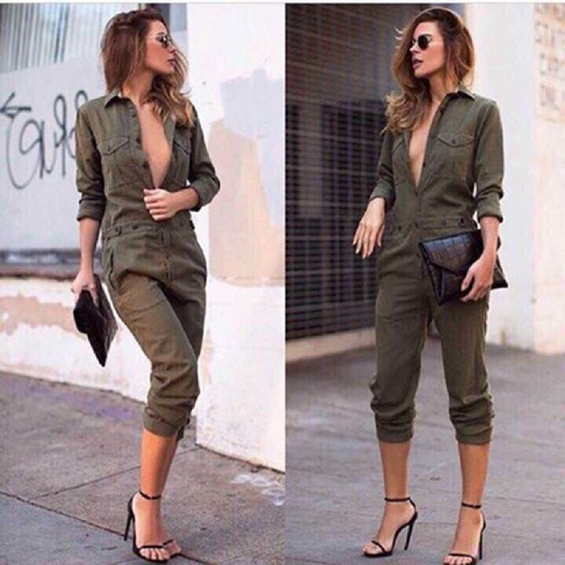 Pantaloni lunghi pagliaccetto vintage donna tuta aderente aderente manica lunga verde militare tinta unita