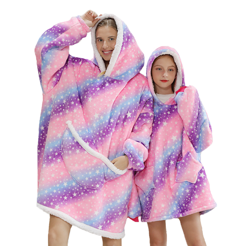 Printed Wearable Blanket Hoodie Fleece Warm Kids Sleepwear Hoody Sweatshirt