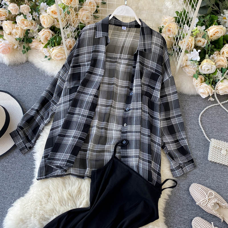 Two Piece Set Long Sleeve Plaid Grey Overcoats Spaghetti Strap Slim Dress