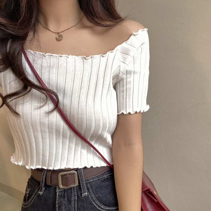 Women Off Shoulder T-shirts Knitted Ruffles Hem Crop Tops Short Sleeve T-shirts