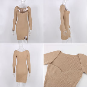 2022 Gestrickte Grün Midi Sexy Bodycon Frauen Kleid Frühling Langarm Schulterfrei Split Pullover Kleider