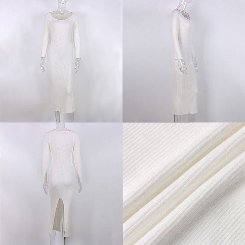 2022 Gestrickte Grün Midi Sexy Bodycon Frauen Kleid Frühling Langarm Schulterfrei Split Pullover Kleider