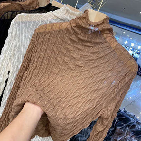 Women Lace Mesh High Collar Bottom T-shirts Female Long Sleeve Casual Style Tight Thin Tops