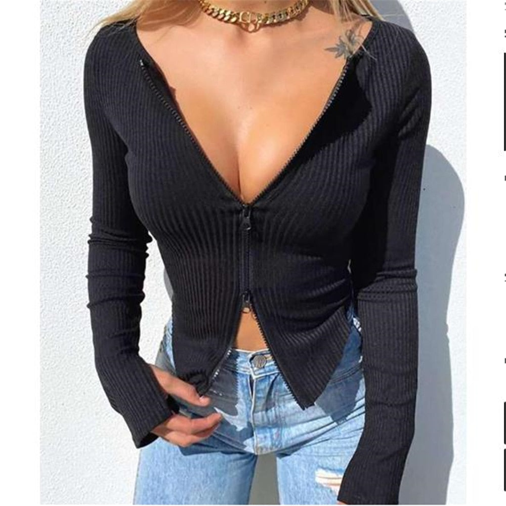 Women T-shirt Ribbed Knitted Long Sleeve Crop Tops Zipper Tee Female Slim