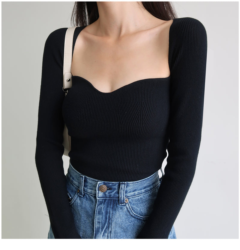 Magliette lavorate a maglia con scollo quadrato vintage francese da donna T-shirt pullover a maniche lunghe skinny da donna