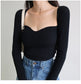 Magliette lavorate a maglia con scollo quadrato vintage francese da donna T-shirt pullover a maniche lunghe skinny da donna
