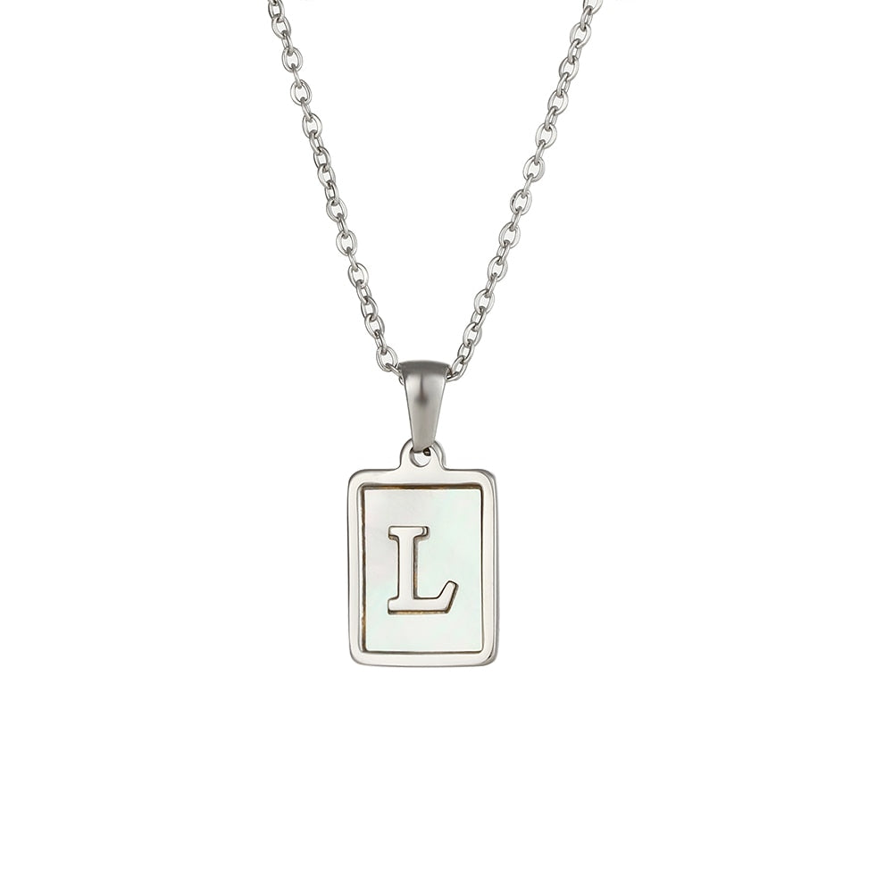 18K Golden Chain Necklaces Male Square Natural Shell Initial Letters Pendant Stainless Steel Jewelry