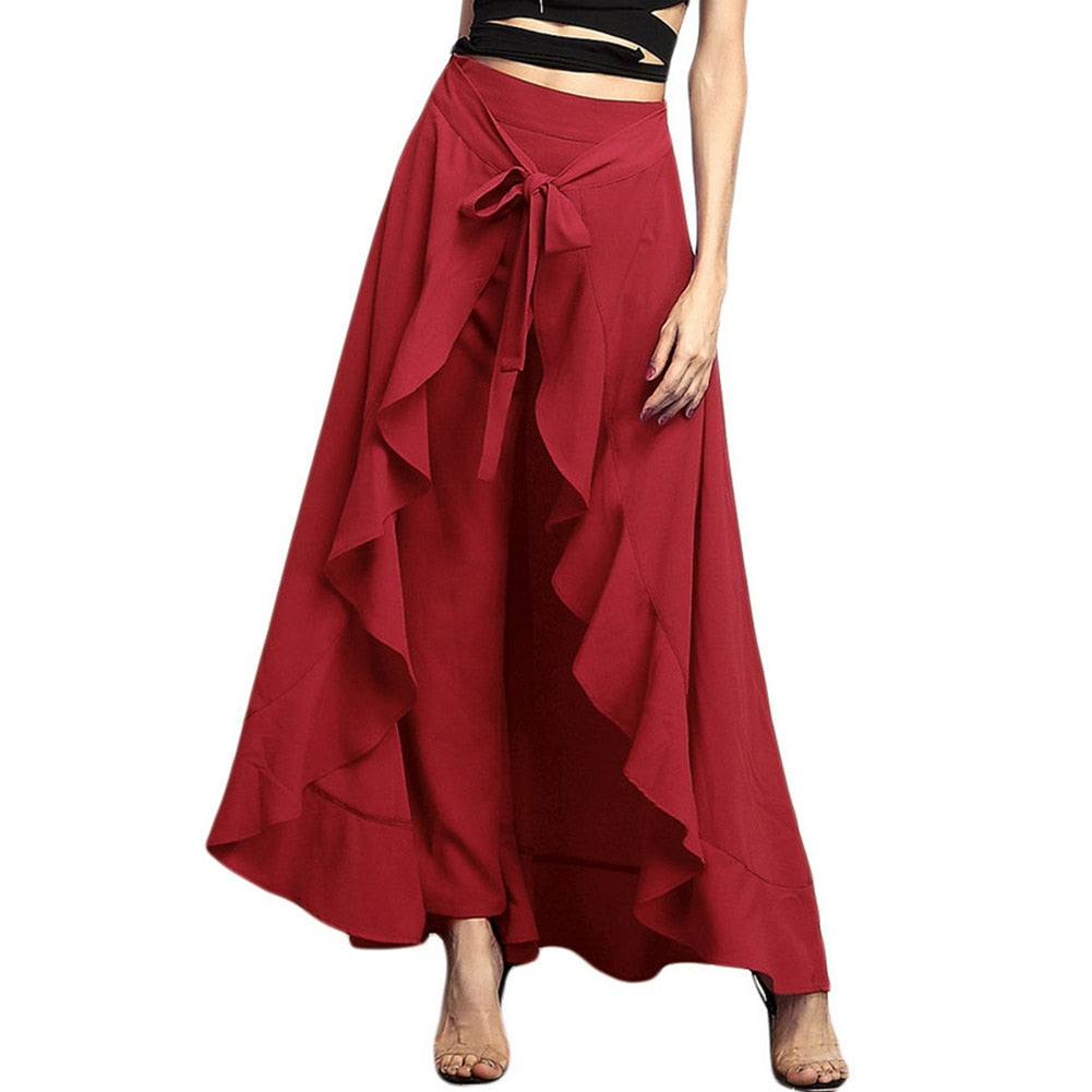 Women Pants Causal Ruffle Drawstring TrouserHigh Waist  Loose Dancing Outfits Palazzo Skirt