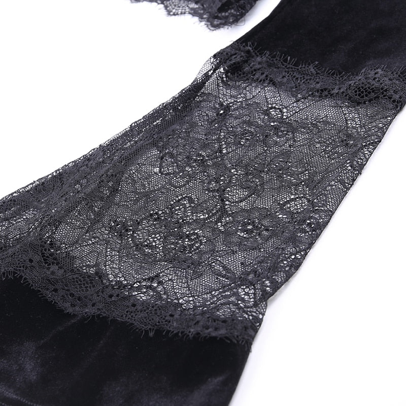 Ins Goth Sexy Women Gothic Crop Top Flare Long Sleeve Lace Hollow Out Black  V-neck T-shirt