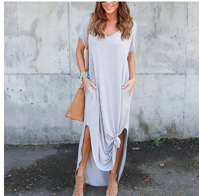 Plus Size 5XL Sexy Women Dress Summer 2022 Solid Casual Short Sleeve Maxi Dresses