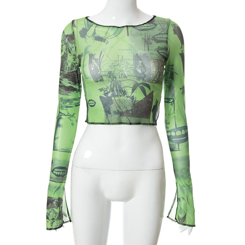 Sexy See Trough Crop Top Graphic Print Green Mesh Sheer T-shirt