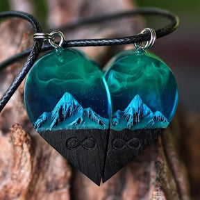 Epoxy Resin Necklace Wooden Pendant Mountains Heart Pendants Paired