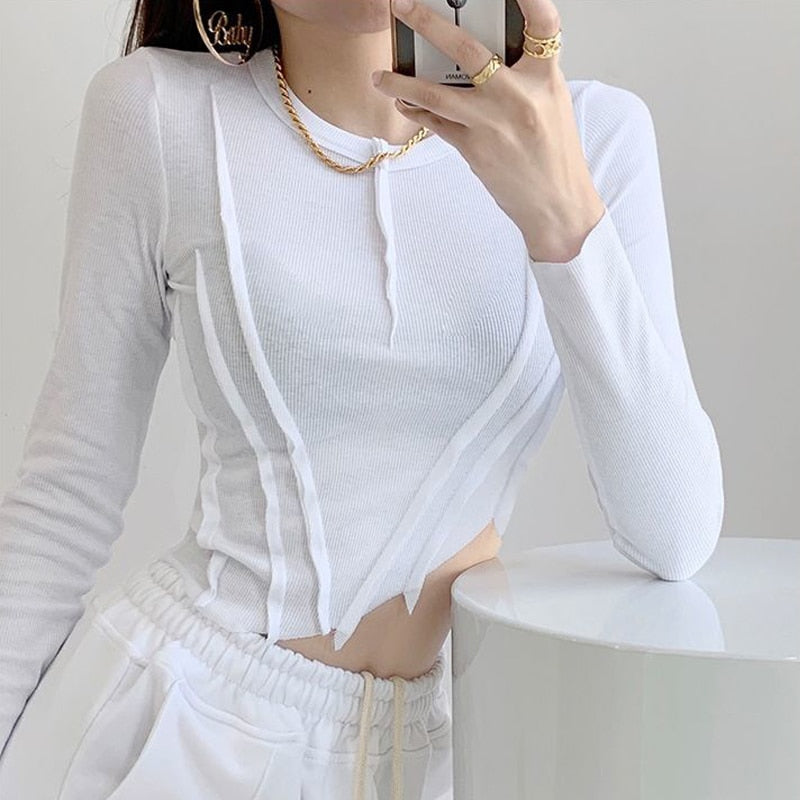 Skinny Crop Tops Women Irregular Oblique Edge T-shirts Female Crewneck Long Sleeve