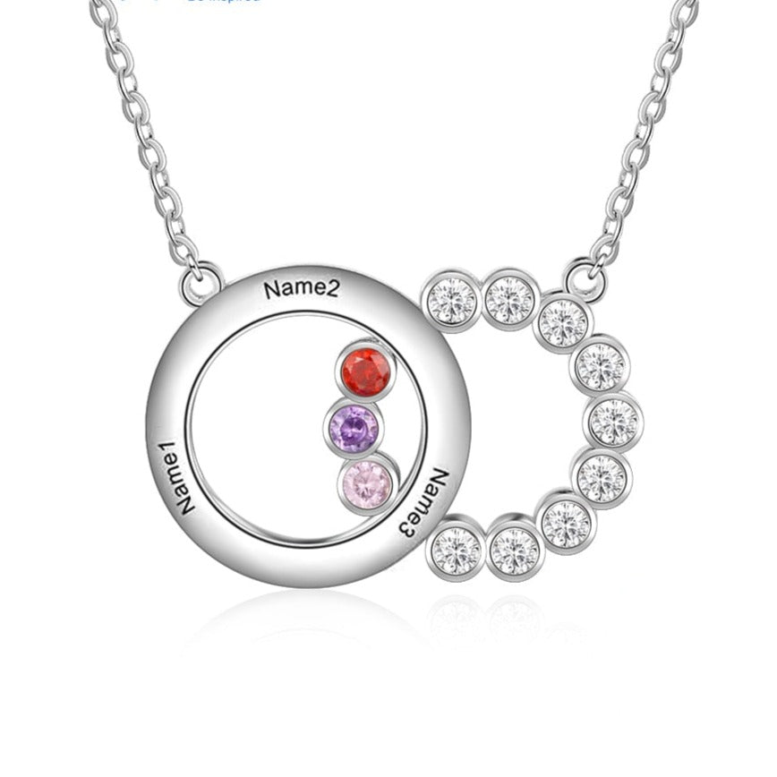 Personalized Name Interlocking Circle Pendants Custom 3 Birthstones Necklaces