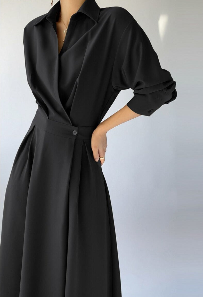 Turn-down Collar Women A-line Dress Long Sleeve Slim Waist Vestidos