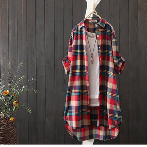 100% Cotton Plaid Shirt Long Sleeve Button Up Casua Loose Blouse Plus Size