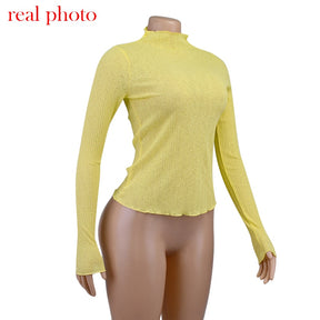 Elegant See Through Long Sleeve Mock Neck Women Tops Fashion Streetwear T-Shirts