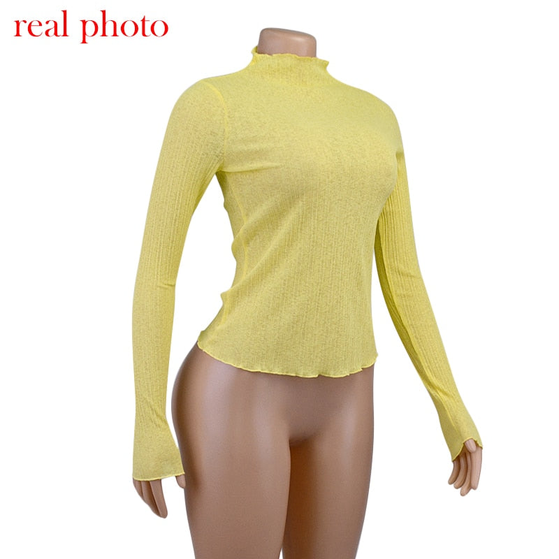 Elegant See Through Long Sleeve Mock Neck Women Tops Fashion Streetwear T-Shirts