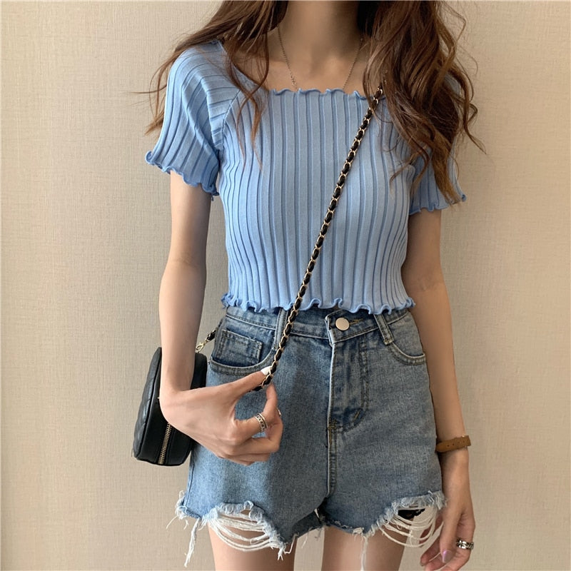 Women Off Shoulder T-shirts Knitted Ruffles Hem Crop Tops Short Sleeve T-shirts