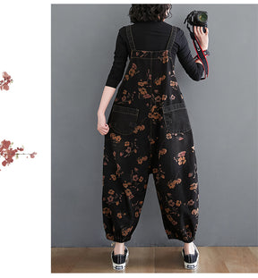 Loose Jeans Black Jumpsuit Casual Ladies Big Pockets Print Floral Denim Overalls Straps Rompers