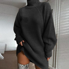 Women Turtleneck Oversized Knitted Dress Solid Long Sleeve Casual Elegant Mini Sweater Dress Plus Size