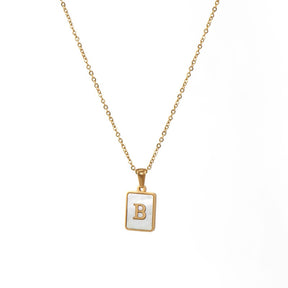 18K Golden Chain Necklaces Male Square Natural Shell Initial Letters Pendant Stainless Steel Jewelry