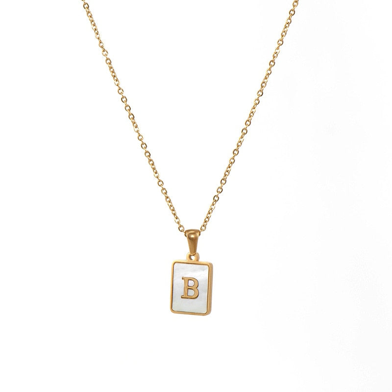 18K Golden Chain Necklaces Male Square Natural Shell Initial Letters Pendant Stainless Steel Jewelry