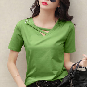 summer short sleeve women white t-shirt women V-neck loose black top casual t shirt women