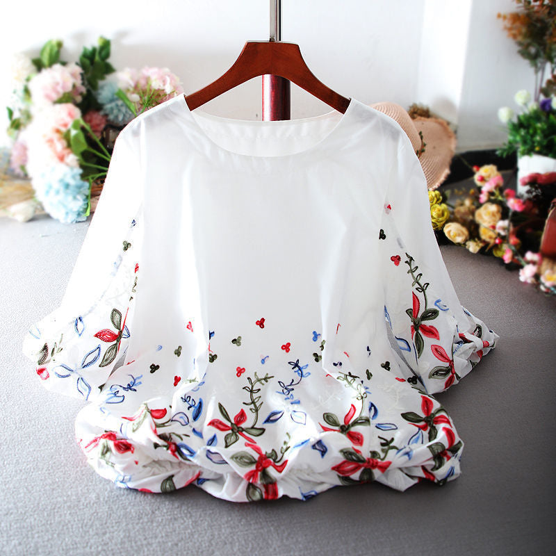 White Chiffon Blouse Short Sleeve Women Stripe Flower Print Top Loose Shirt