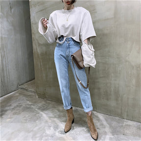 Frauen Streetwear Loose Female Denim Jeans Knöpfe Reißverschluss Damenhose