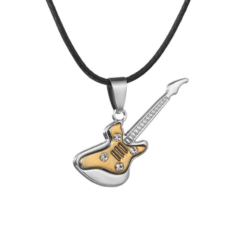 Love Music Exquisite Guitar Shaped Pendant Leather Rope Clavicle Chain Jewelry