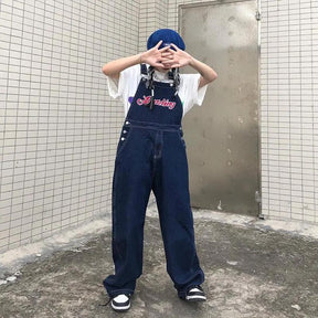 American Embroidery Denim Overalls Women Jean Jumpsuits Loose Straight Wide Leg Pants