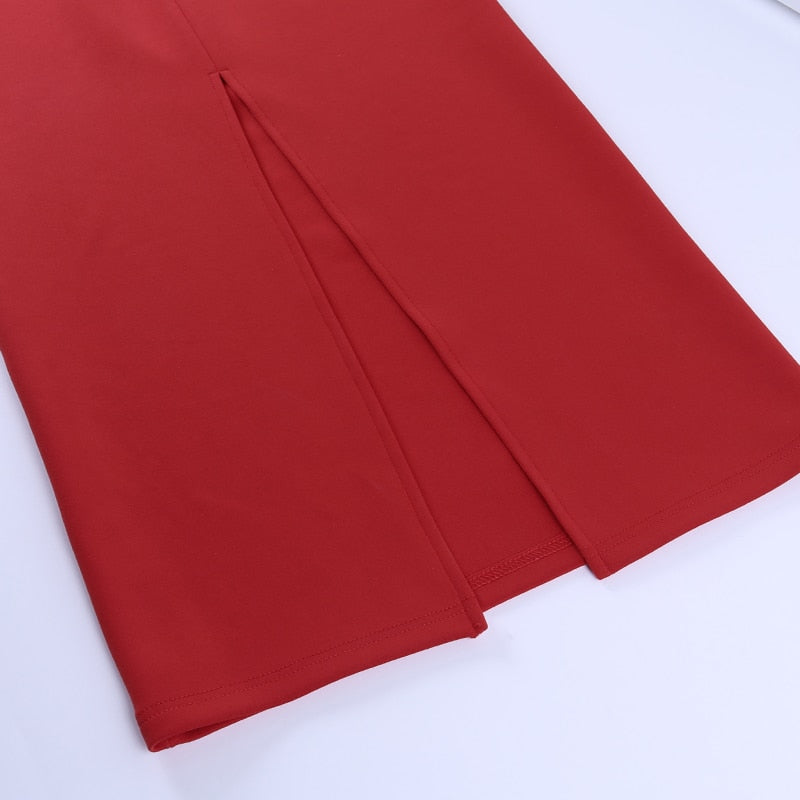 Schlankes Bleistiftkleid mit V-Ausschnitt und langen Ärmeln in der Mitte der Wade 2022 Casual Office Lady Solid Red Puff Sleeve