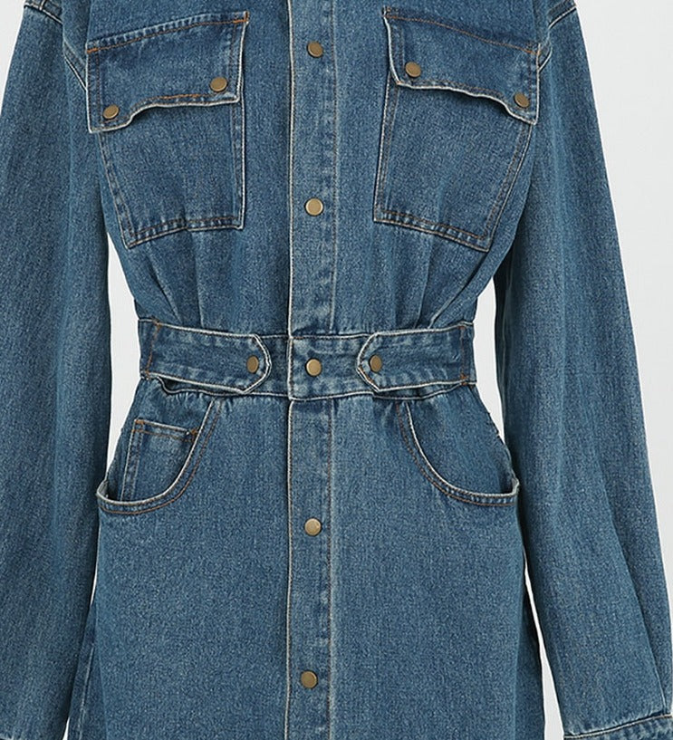 Denim Dress Full Sleeve Single-breasted Pockets Slim Waist Mid-length