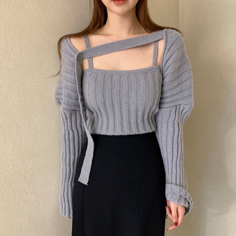 Camisole Knitted Cardigans Women Two Piece Sets 2021 Autumn Sweater Jacket Woman