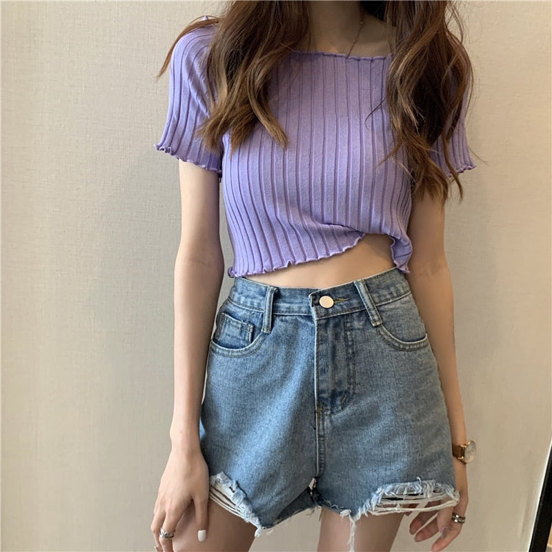 Women Off Shoulder T-shirts Knitted Ruffles Hem Crop Tops Short Sleeve T-shirts